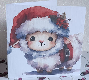 Santa Sheep Christmas Card Cute Sheep Wearing Santa Outfit Woolly Sheep With Holly Daughter  White Linen Effect Square Card Free Delivery