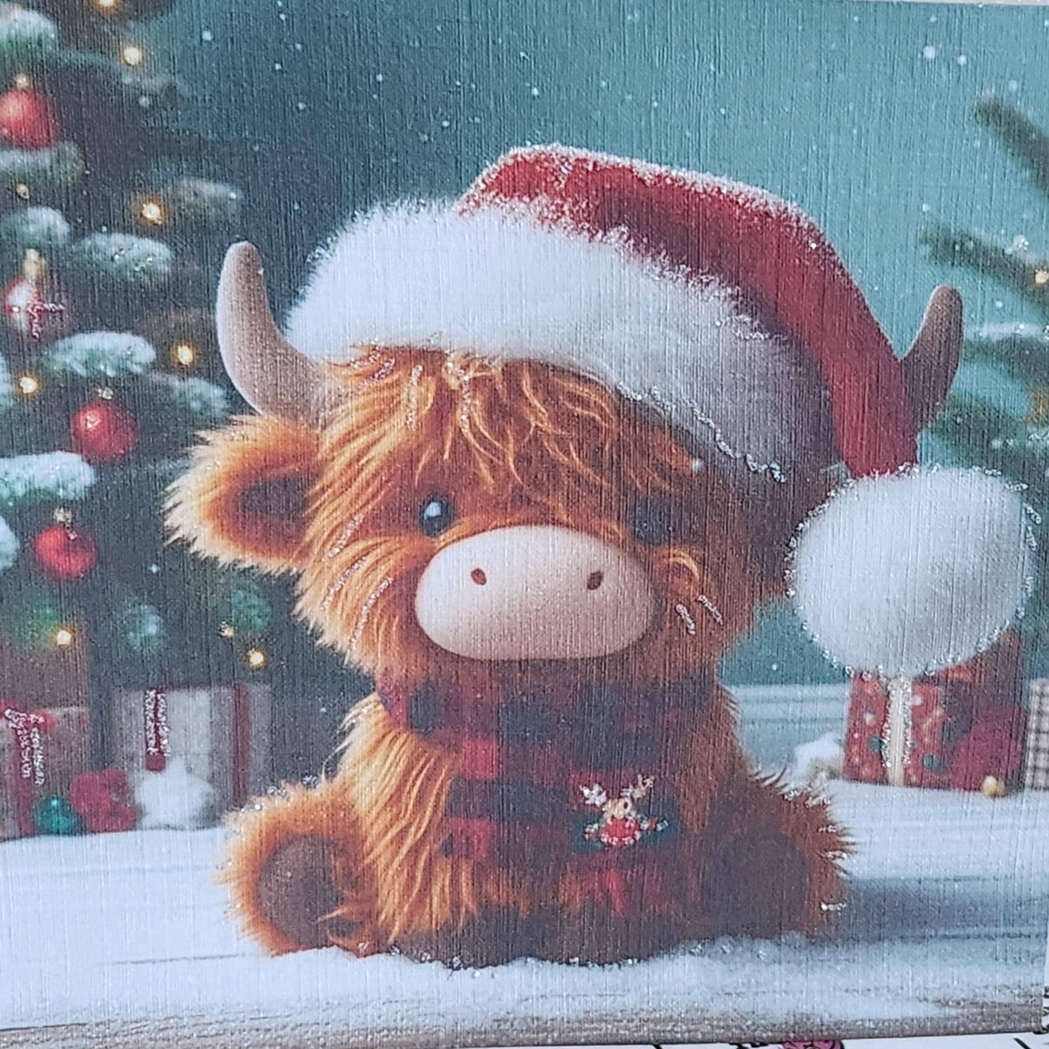 Highland Cow Christmas Card Highland Coo With Santa Hat Scarf And Holly Baby Handmade Glitter White Linen Effect Square Card Free Delivery