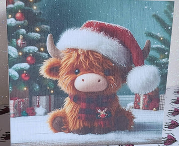 Highland Cow Christmas Card Highland Coo With Santa Hat Scarf And Holly Baby Handmade Glitter White Linen Effect Square Card Free Delivery