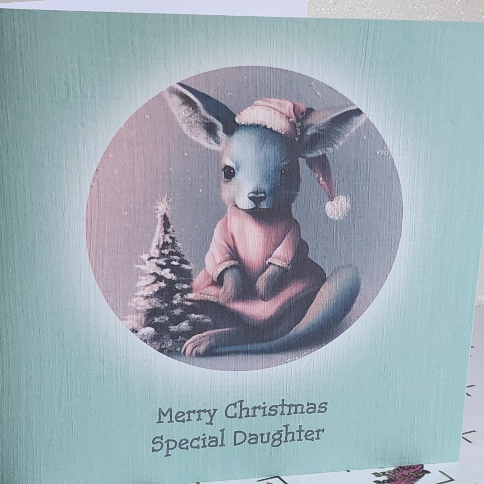 Daughter Christmas Card Cute Kangaroo Wearing Santa Hat With Christmas Tree Special Daughter Holidays White Linen Effect Card Free Delivery