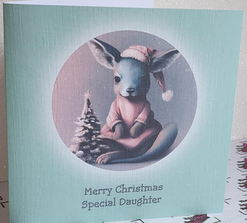 Daughter Christmas Card Cute Kangaroo Wearing Santa Hat With Christmas Tree Special Daughter Holidays White Linen Effect Card Free Delivery