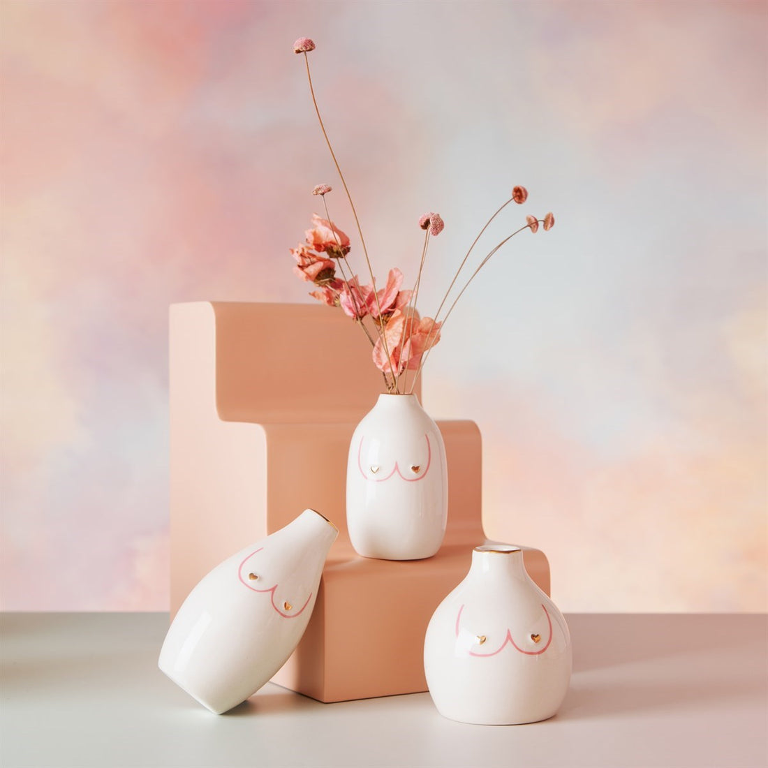 Sass & Belle Boobies Set Of 3 Bud Vases Pink & Gold Mini Vases Gift Boxed Girl Power